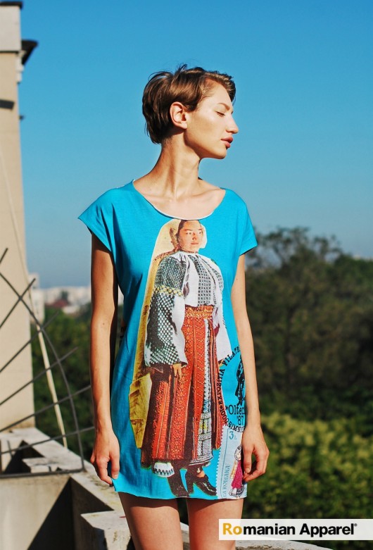 Blue peasant print dress by LANA -NEAPARAT.ro