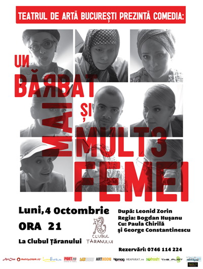 afis. un barbat si mai multe femei